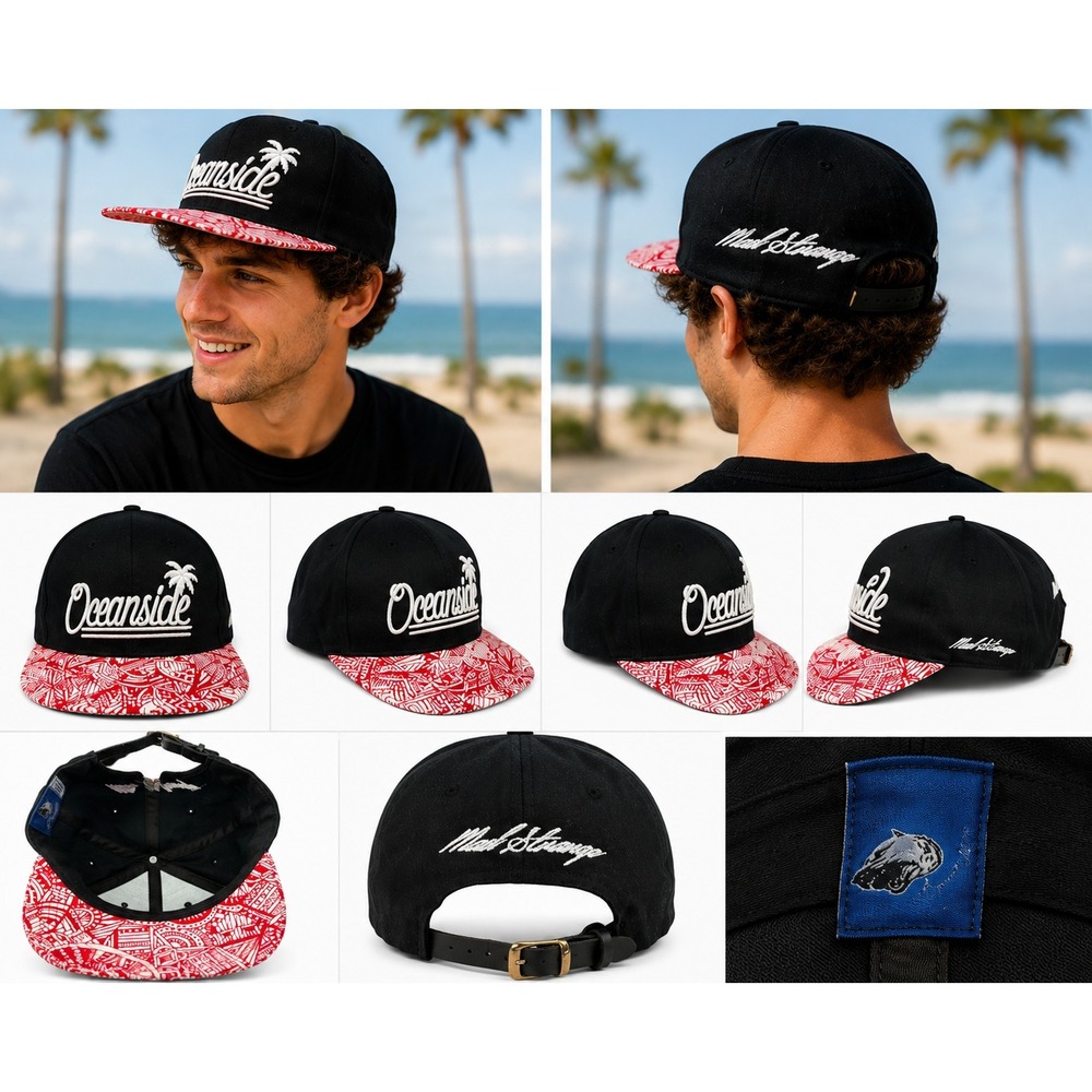 Premium Oceanside Baseball Hat Men's OSFA Black Adjustable Strapback Embroidered